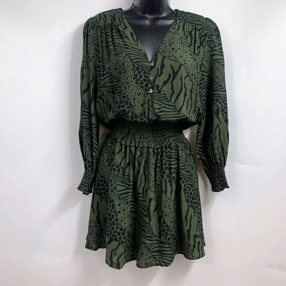 Rails Women's Zana Smocked Olive Mixed Animal Stripe Dress Sizeโ XXS